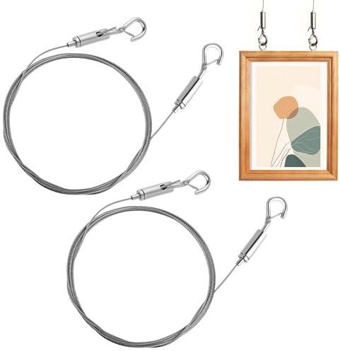 2Pcs 2m x 1.5mm Heavy Picture Hanging Wire With Hook Sturdy Durable Adjustable Picture Wire Heavy Duty Smooth Mirror Hanging Kit Max Load 50 lbs Wide Use For Potted Plants Chandelier Photo Frame