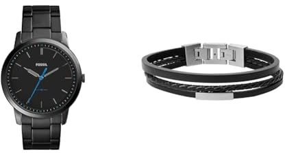 Fossil Herren Minimalist Schwarze Edelstahl Uhr und Townsman Leder Armband, Set
