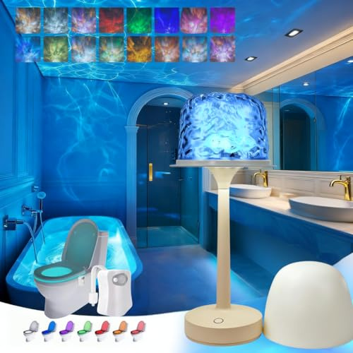 Youpuree 2-in-1 Duschlampe & WC-Licht-Set – Wasserdichtes Duschlicht mit 16 Farben Ozeanwellen-Projektor (Touch/Fernbedienung) + Bewegungssensor LED Toilettenschüssel Weihnachtsgeschenk für Frauen