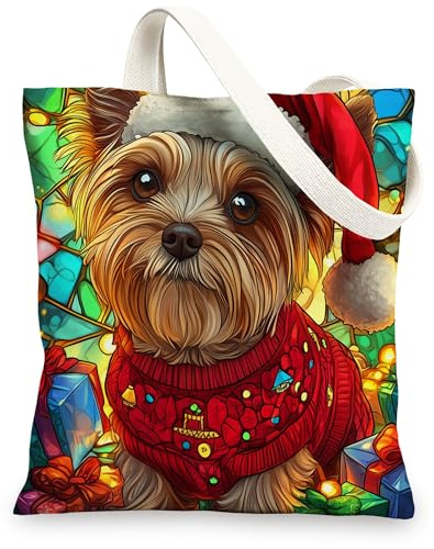 Sac fourre-tout en toile pour faire du shopping Motif Yorkshire de Noël 33 x 38,1 cm, réutilisable en verre teinté pour femme, peinture esthétique, décoration cadeau