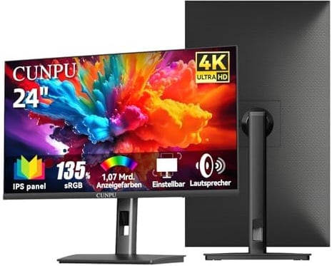 CUNPU 24 Zoll 4K Monitor, Höhenverstellbar, mit 2 Lautsprecher, SRGB 135%, AdobeRGB DCI-P3 100%, IPS Panel, UHD (3840 x 2160), 1,07 Mrd.+ Farben, Sync, 2*DP/2*HDMI, Matt Flacher Bildschirm, Schwarz