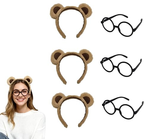 ZHAOCAI 3 Stück Chipmunks Ohren und 3 Schwarze Runde Brillenrahmen, Bärenohren Stirnband Tier für Erwachsene Dekoration, Tierohren Kopfbedeckung Haarband Gesichtswäsche Stirnband für Party Cosplay