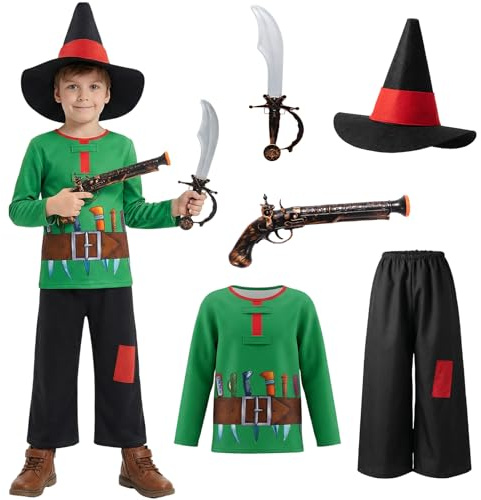 Ficlwigkis Räuber Karneval Kostüm Kinder,Fasching Kostüm kinder mit Langärmelige Hemden Hosen Hüte und Accessoires für Faschingskostüme(100)