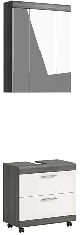 xonox.home – 2 TLG. Badkombination Scout 60x191x34 cm in Rauchsilber & Weiß Hochglanz – Mobiles Set aus Waschbeckenunterschrank & Spiegelschrank auf Rollen – Stilvolle Lösung für Ihr modernes Bad