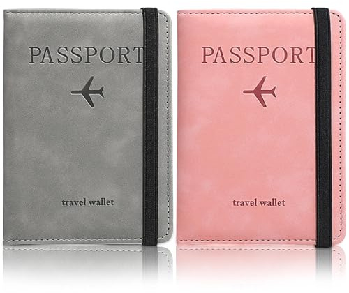 Eulihent 2 Pezzi Porta Passaporto Custodia Passaporto con Blocco RFID Portadocumenti da Viaggio Pelle PU Portapassaporto Portafoglio Cover per Carte di Credito, Carte D'Identità (Rosa, Grigio)
