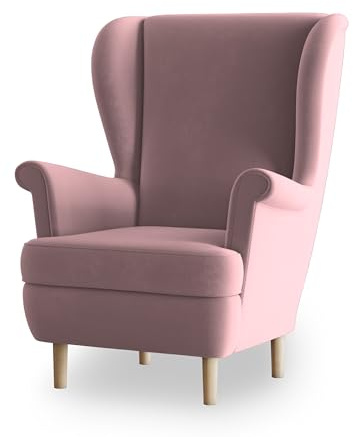 Masseno Ohrensessel LENTIO, Lounge Sessel im Glamour Stil mit Armlehnen, Komfort Polsterstuhl für Esszimmer, Wohnzimmer, Bein aus Holz, Kronos 27