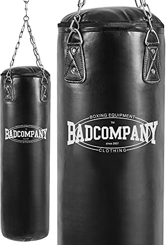 Bad Company Boxsack inkl. Heavy Duty Vierpunkt-Stahlkette I Vinyl Punching Bag, gefüllt/ungefüllt I 80/100/120/150/180 x 35 cm - Schwarz