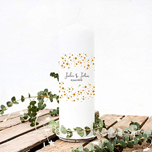 Hochzeitskerze Kerze zur Hochzeit Trauung Traukerze mit Namen Wunschnamen, Datum & Konfetti wk76 - ausgewählte Farbe: *gold*