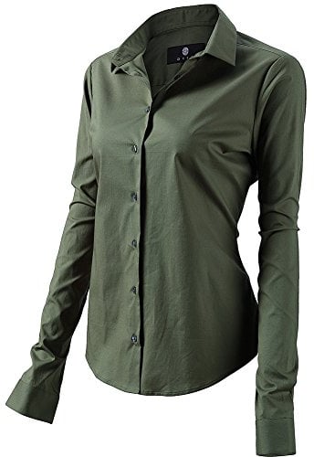 FLY HAWK Bluse Hemdbluse Damen Hemd Basic Kent-Kragen Elegant OL Work Slim Fit Langarm Stretch Formelle Hemden,Armee Grün, Größe 48, Hersteller - 20