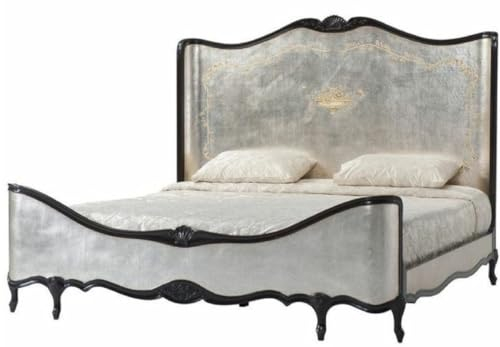 Casa Padrino Luxus Barock Doppelbett Antik Silber/Schwarz - Prunkvolles Massivholz Bett mit Kopfteil - Barock Schlafzimmer Möbel