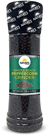 Whole Black Peppercorn GIANT Grinder (190g / 6.70oz) | Pure & Natural SUPERFOOD Spice | Smooth Grinder | Great For Seasoning By Nature's Horizon®