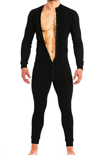 Muscle Alive Mens Long Sleeve Onesie Henley Jumpsuit Stretchy Cotton Ramper Black M