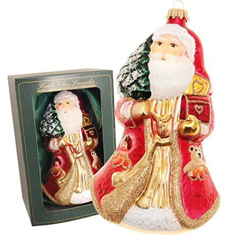 Krebs Glas Lauscha - Weihnachtsdekoration/Christbaumschmuck aus Glas - Weihnachtsmann als Anhänger - Motiv: mit Truhe - Größe: ca. 17 cm