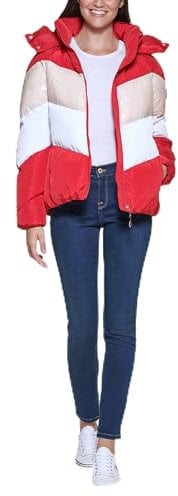 Tommy Hilfiger Doudoune courte à capuche à rayures multicolores pour femme, Cramoisi/rose, X-Large