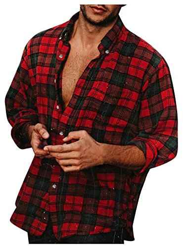Sweat Homme Mode Slim Chemise Flanelle Carreaux Casual Bouton Tee Shirt Manches Longues Marque Tshirt Humour Gilet Securite Homme Rouge M