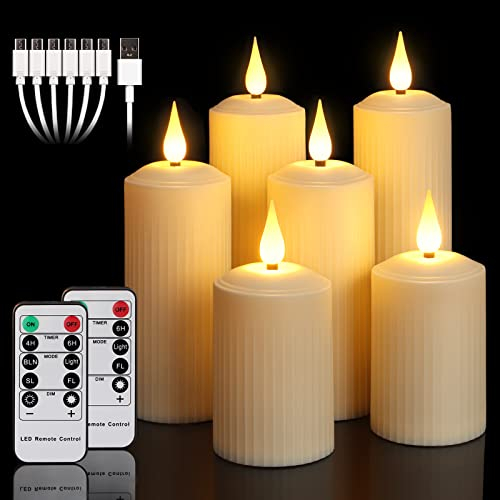 yunsheng Wiederaufladbare LED Kerzen mit 10-Tasten Fernbedienung, Outdoor Wasserdichte Flammenlose Kerzen mit 6/8H Timer, Römische Stumpenkerze im 6er Set (5.1x10.5/14/16.5cm), Elfenbein, Type-C