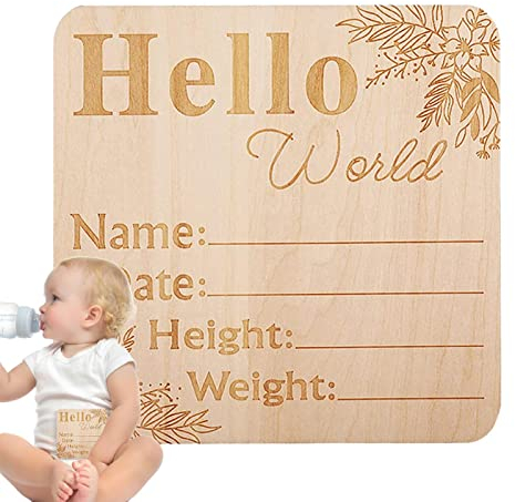 Jomewory Babyschild aus Holz, Willkommensschild für Neugeborene, Hello World, Schild für Neugeborene