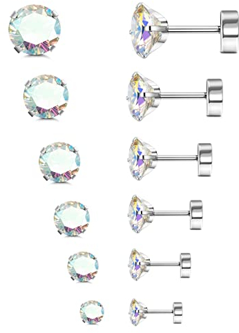 Morfetto 6 Paar G23 Titan Flache Rückseite Ohrstecker für Frauen Männer Titan Runde CZ AB Knorpel Ohrstecker Hypoallergene Schraube Zurück Ohr Piercing Set 20G 2-8MM Bunte CZ