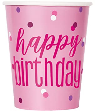 Unique- Gobelets en Carton sans Plastique-266ml-Fête d'anniversaire à Thème Rose et Argent Glitz-8 Pièces (Lot de 1), 83608EU