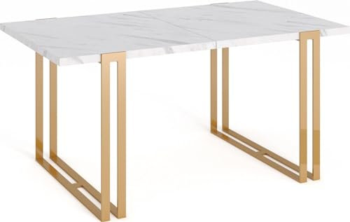 WFL GROUP Ausziehbarer Esstisch im Loft-Stil - Großer Industrietisch mit Goldenen Metallbeinen, Verstellbar von 120 bis 220 cm - Platzsparender Konferenztisch für Wohnzimmer und Büro - Weißer Marmor
