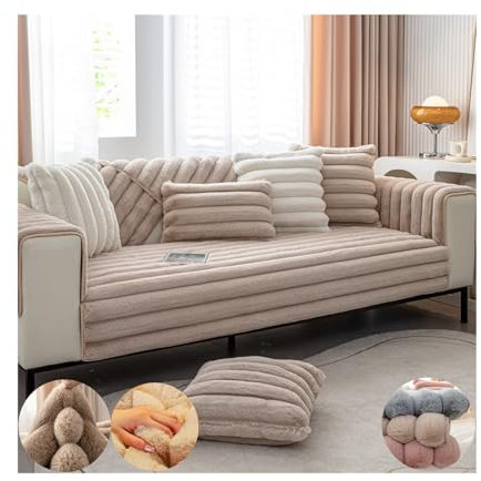 Winter Thick Simple Striped Plush Sofa Cover,Funny Fuzzy 3D Stripe Faux Fur Plush Couch Cushion,Cream Style Super Soft Puffy Non Slip Slipcover,Washable Furniture Protector (110 * 210cm, Khaki)