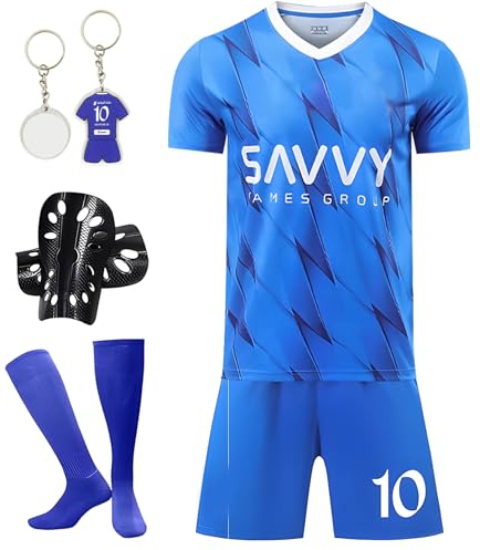 Fußballtrikot für Kinder,Fussball Trikot Kinder Set mit Schlüsselanhänger,Fußball T-Shirt,Fußball Shorts und Fußball Socken,Nr.7 Kinder Trikot Geeignet für Kinder (130-140cm, Blau A)
