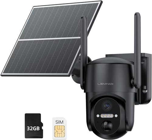 LEMNOI 4G LTE Cámara de Vigilancia Solar Exterior Inalámbrico con Tarjeta SIM Preinstalado, Visualización de 360 °, Detección de Movimiento, 2K Visión Nocturna, Audio Bidireccional, IP66 Impermeable