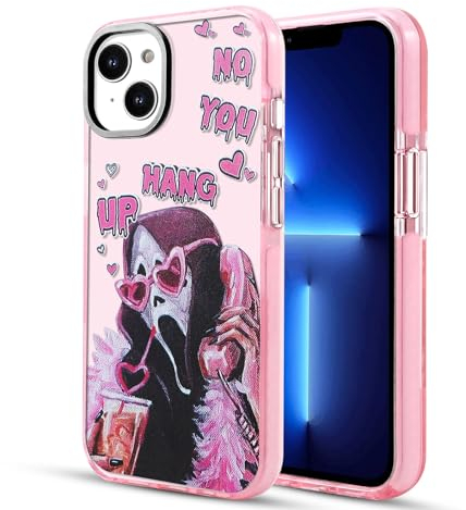 Yebowe Hülle für iPhone 13 Hülle/iPhone 14 Hülle Niedlich, Ghostface Scream Horror Skelett Schädel Druck Aesthetic Design Frauen Mädchen Lustige Cartoon Muster Schutzhülle für iPhone 13, Rosa