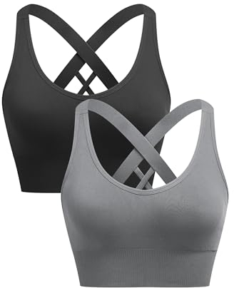 ANGOOL Sport BH Damen ohne Bügel Push Up BH Starker Halt Sport Bustier Damen Gepolstert Crossback Seamless Yoga Joggen Gym Sports Bra, Schwarz+Grau, L