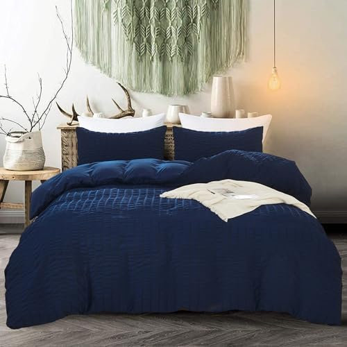 Navy Classic Seersucker Duvet Cover Sets for Teens Adults,Soft Comfortable Microfiber Bedding Sets Duvet Cover,King Size 220×230cm