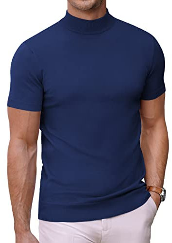 COOFANDY Men's Mock Turtleneck T Shirts Short Sleeve Knitted High Neck Tee for Men Plain Bussiness Tops Navy Blue XXL