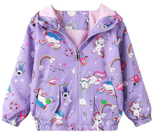Domueay Giacca Primaverile Bambina Giubbotto con Cappuccio Giacca Antivento Cerniera Leggera Traspirante Giacche Sottile Softshell Cappotto Protezione Solare Giubbino Bimba 3-4 Anni, Unicorno