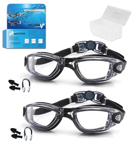 AMERITINS® Swimming Goggles Pack of 2, Anti-Fog Goggles Swimming Adults, Anti-Leak UV Protection Crystal Clear Vision with Free Protection Case, Nose Clips & Earplus Suitable for Adults & Kids