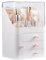 BTGGG Multi-Function Makeup Organiser Dust-Proof Make-up Organiser Storage with brush holder and lip slots, Waterproof Cosmetic Storage Box with 3 Drawers for Bedroom Bathroom Desktop, White