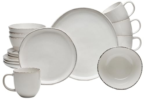 Van Well | URBAN Kombiservice 16teilig creme für 4 Personen im modernen Design aus Keramik Steinzeug mit Müslischalen, Kaffeetassen, Dessertteller und Speiseteller