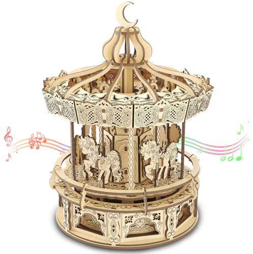 3D Holzpuzzle Spieluhr Bausatz, DIY Romantisches Karussell Mechanischer Modellbaukasten, Kreativer Holzbausatz für Jugendliche und Erwachsene, Perfekter Geburtstag für Jungen Mädchen 14+ (Karussell)