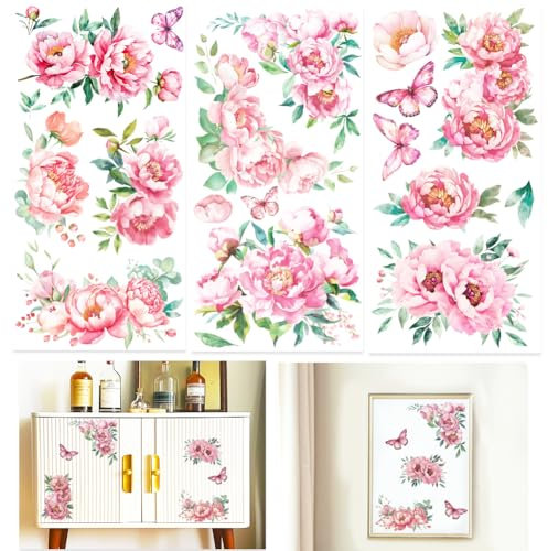INFUNLY 3 Bogen Pfingstrosen Abziehbilder Zum Basteln 6x12 Blumen Abziehbilder Zum Aufreiben von Möbeln Vintage Blumen Abziehbilder Zum Aufreiben Wasserfest Für Holz Glas Scrapbook DIY Papier Heimdek