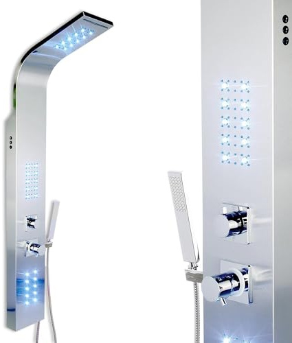 Steinkirch Edelstahl Duschpaneel SK-9304-LED (mit RGB-Duschkopf, Eckmontageset) Einhebelmischer Duscharmatur Regendusche Schwalldusche Duschstange Wasserfall Dusche Körperdüsen und Handbrause