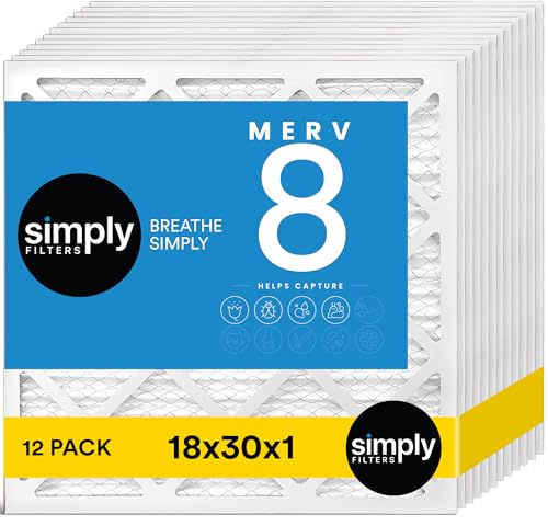 Simply 18x30x1 Air Filter, MERV 8, 12 Pack, For Home AC Furnace & HVAC (Actual Size: 17.75x29.75x0.75) DUST, Pet, & Allergy Control
