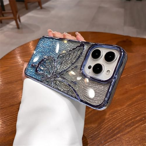 HUUMAGIC Custodia a farfalla glitterata con effetto increspatura dell'acqua per iPhone 16 Pro Max 16 Plus 15 Pro 14 13 12 11, morbida custodia di lusso elettroplaccata, blu, per iPhone 13 Pro