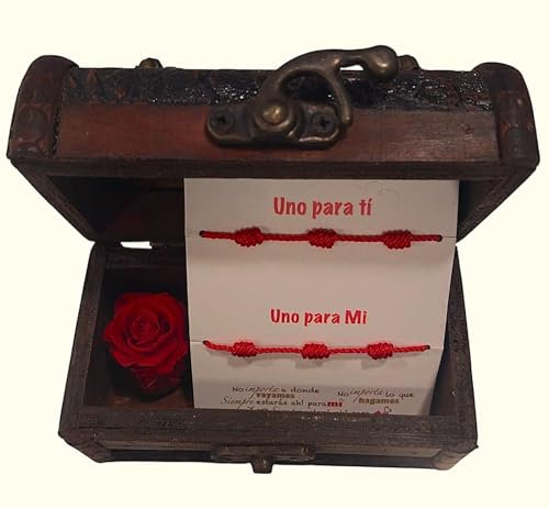 Cadeau pour Couples Rose ETERNELLE Rouge Bracelets 7 Noeuds Boîte en Bois Vintage Bracelets pour Couples Amulette d'amour Coffret avec Bracelets en Fil Rouge et Rose Eternelle Rouge Rose