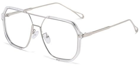 LJCZKA Square Blue Light Blocking Glasses Women Men 70s Pilot Metal Frame Oversized Double Bridge Computer Gaming Eyeglasses Anti Eyestrain Clear Lens (Sliver, 0.0, x)