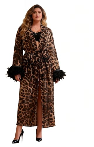 comeondear Kimono Donna Lungo Vestaglia Leopardata Accappatoio Taglie Forti Maniche Lunghe Lingerie con Piume in Chiffon Copricostume da Bagno Camicia da Notte Hot Pigiama Vestito