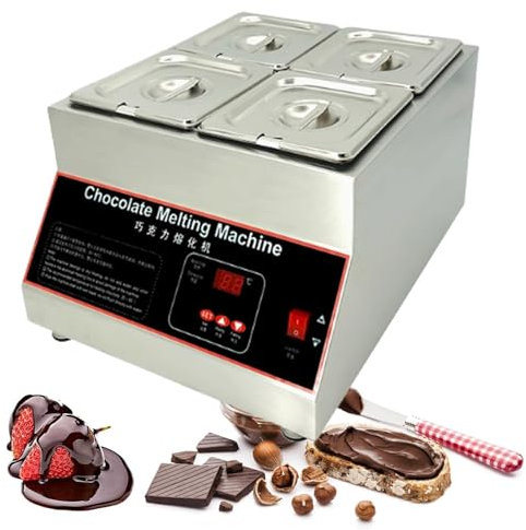 Macchina per Temperare Il Cioccolato, Scaldavivande in Acciaio Inossidabile Riscaldato, 0 - 203 ℉ Fondente Elettrico Commerciale, Fondente per Cioccolato Con Coperchio per Catering, Ristorante,4tank