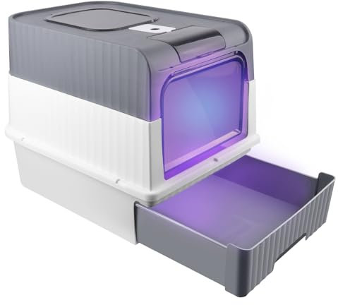 Maison de Toilette pour Chat,Bac à Litiere Chat Autonettoyante,Litière Automatique Autonettoyant pour Chats avec des Rayons ultraviolets-48 * 35 * 36 cm-Gris