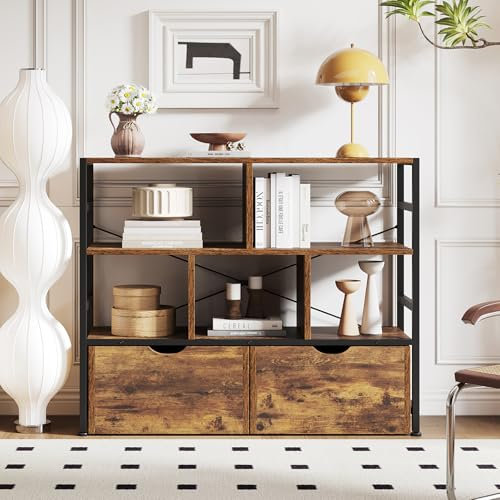 Dripex 4 Tier Bookcase with 2 Movable Drawers，Wooden Floor Standing Book Shelf with Steel Frame, Rustic Brown Storage Display Shelf for Living Room, Bedroom or Office