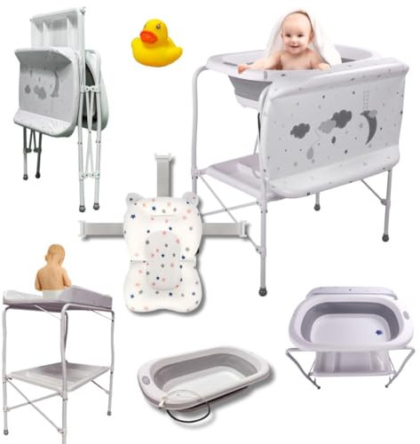 Bañera Multifuncional para Bebé 5en 1: Plegable con Soporte, con Cojín Antideslizante, Cambiador, Bandejas Organizadoras, Desagüe con Tubo y Soporte para Ducha (Gris Cojín)