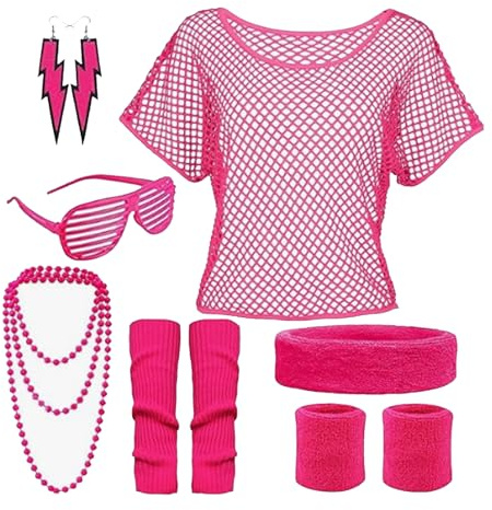 MUNSKT 90er 80er Jahre Outfit Damen Netzoberteil Accessoire Netzoberteil Stirnband Beinwärmer Halskette Brille und Ohrring Party Outfit Damen 80erJahre Kleidung 80iger Schlagerparty Bad Taste