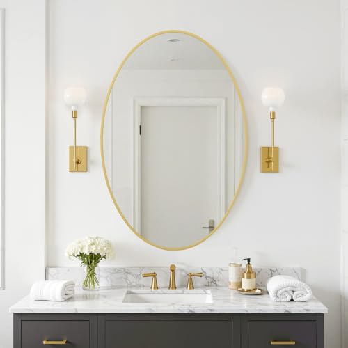 Reflix Ovaler Wandspiegel, 91 x 61 cm, Gold, Wandmontage, Badezimmer-Schminkspiegel für Wanddekoration, Schlafzimmer, Wohnzimmer, Eingangsbereich