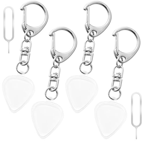 4 Stück transparenter Acryl-Gitarrenplektrumhalter-Schlüsselanhänger mit Kartenstift, tragbarer Gitarrenverstärker-Schlüsselhalter-Plektren-Display zur einfachen Identifizierung, Gitarre Pick Halter